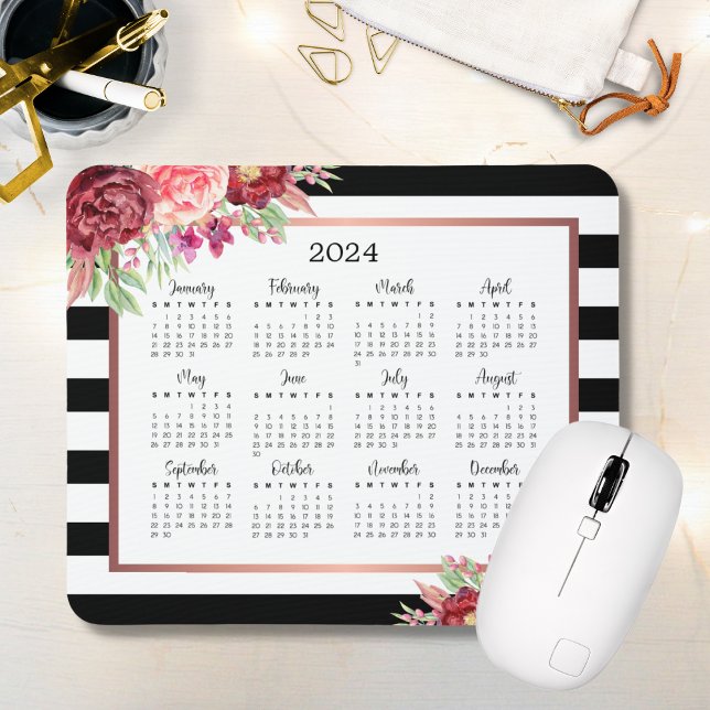 Burgundy Floral Black Stripes 2024 Calendar Mouse Pad (Creator Uploaded)