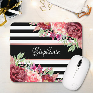 Burgundy Floral Black Stripes Monogram Name Mouse Pad