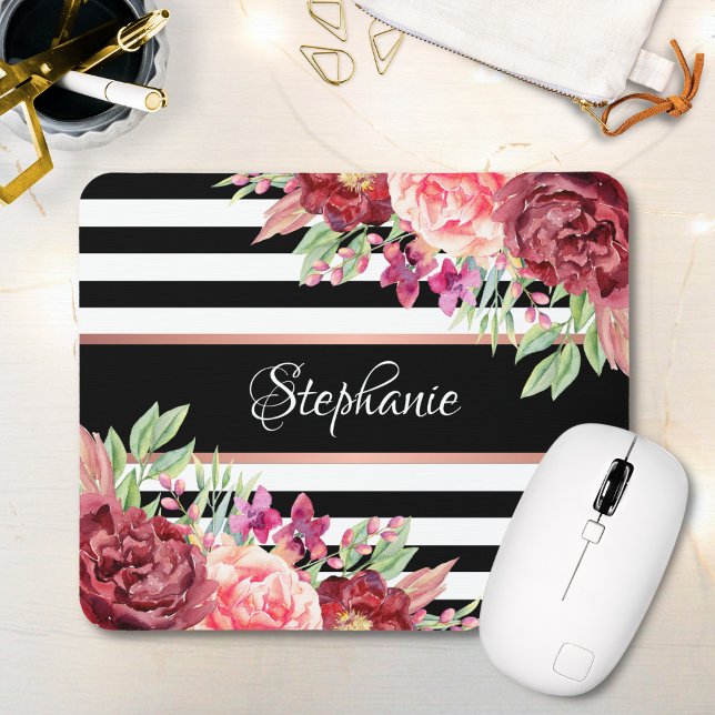 Burgundy Floral Black Stripes Monogram Name Mouse Pad (Creator Uploaded)