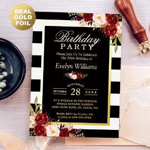 Burgundy Floral Black White Stripes Birthday Party