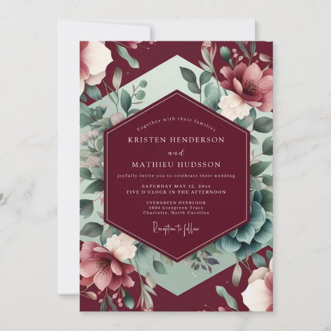 Burgundy Floral Bloom Romance Wedding Invitation (Front)