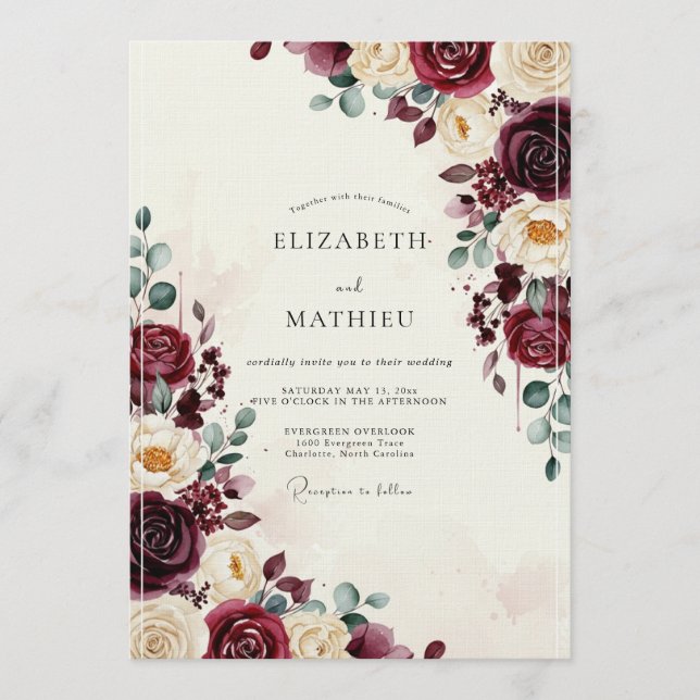 Burgundy Floral Bloom Wedding Invitation (Front)