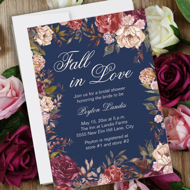 Burgundy Floral Blue Fall in Love Bridal Shower Invitation (Creator Uploaded)
