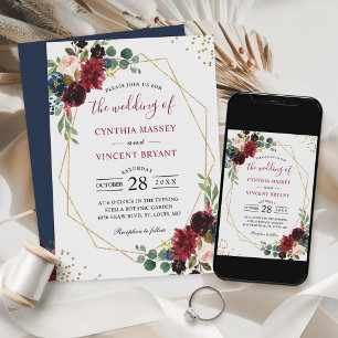Burgundy Floral Blue Gold Modern Geometric Wedding Invitation
