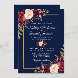 Burgundy Floral Blue Gold Photo Wedding Invitation