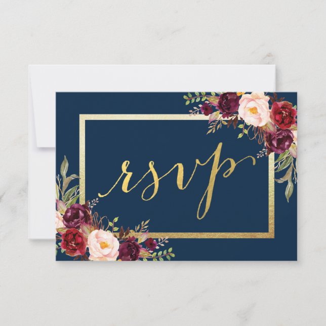 Burgundy Floral Blue Gold Script Wedding RSVP (Front)
