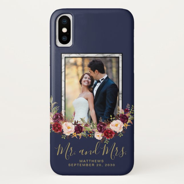 Burgundy Floral Blue Mr and Mrs Wedding Photo Case-Mate iPhone Case (Back)