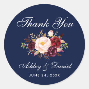 Burgundy Floral Blue Wedding Thank You Classic Round Sticker