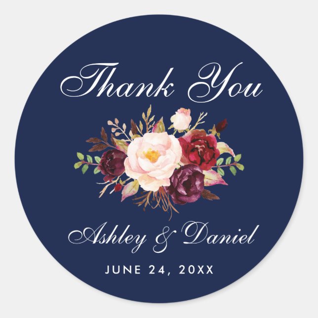 Burgundy Floral Blue Wedding Thank You Classic Round Sticker (Front)