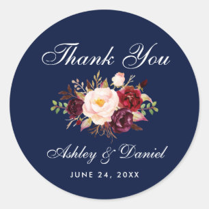 Burgundy Floral Blue Wedding Thank You L Classic Round Sticker