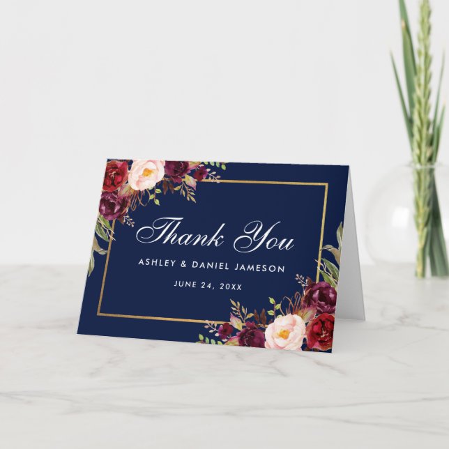 Burgundy Floral Blue Wedding Thanks Fold Card (Front)