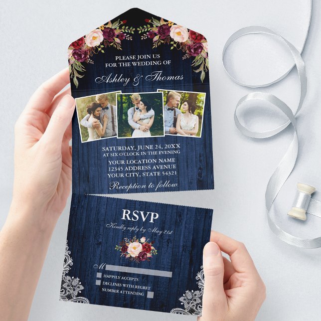 Burgundy Floral Blue Wood Lace 3 Photo Wedding All In One Invitation (All In One Wedding Invitation with tear off RSVP Card)