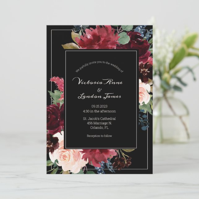 Burgundy Floral Blush Black Elegant Script Wedding Invitation (Standing Front)