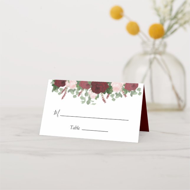 Burgundy Floral Blush Pink Roses Wedding Place Card (Front)