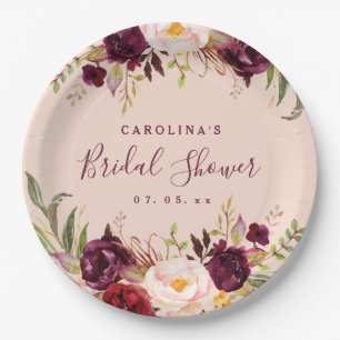 Burgundy Floral Blush Pink Rustic Bridal Shower Paper Plate