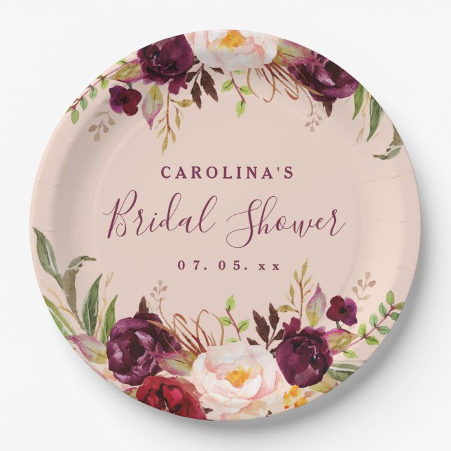 Burgundy Floral Blush Pink Rustic Bridal Shower Paper Plate (Front)