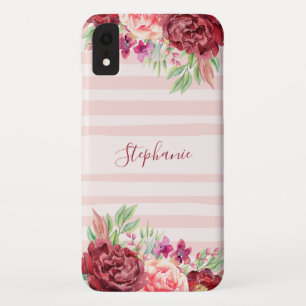 Burgundy Floral Blush Stripes Watercolor Monogram Case-Mate iPhone Case