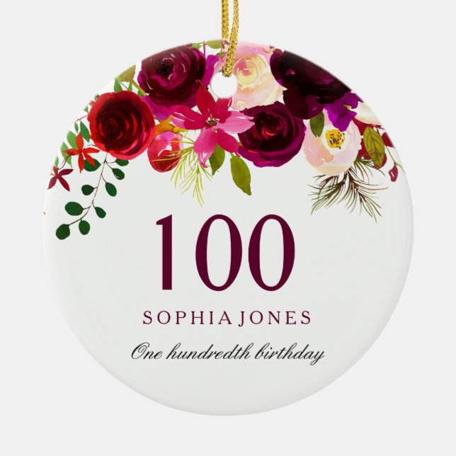 Burgundy Floral Boho 100th Birthday Gift Ceramic Tree Decoration (Front)