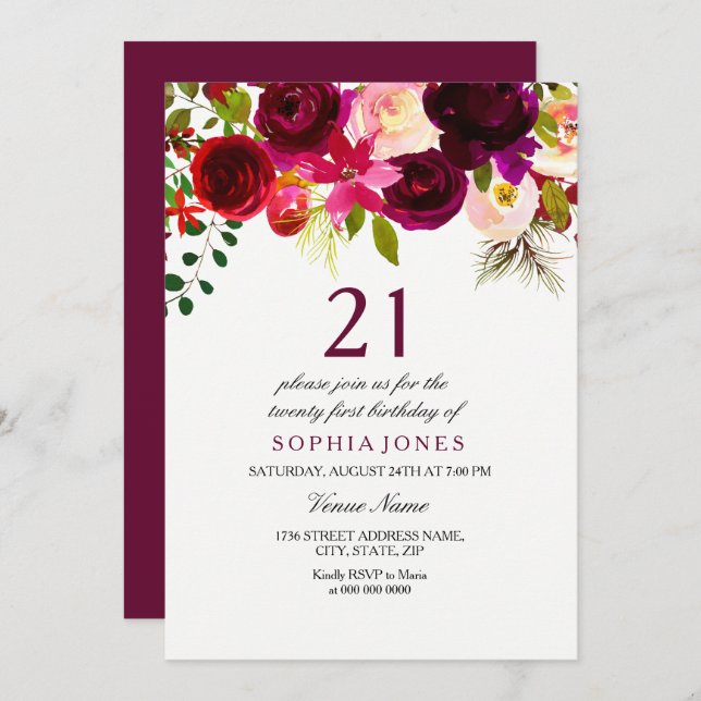 Burgundy Floral Boho 21st Birthday Party Invite (Front/Back)