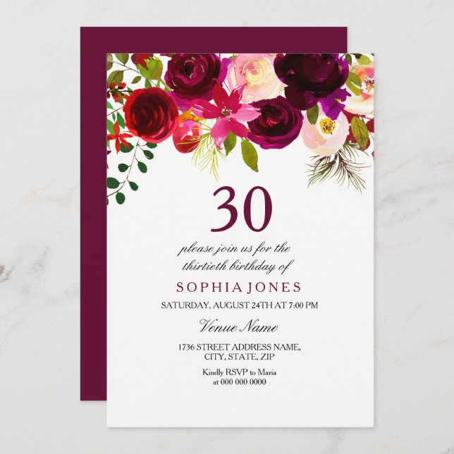 Burgundy Floral Boho 30th Birthday Party Invite (Front/Back)