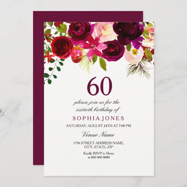 Burgundy Floral Boho 60th Birthday Party Invite (Front/Back)