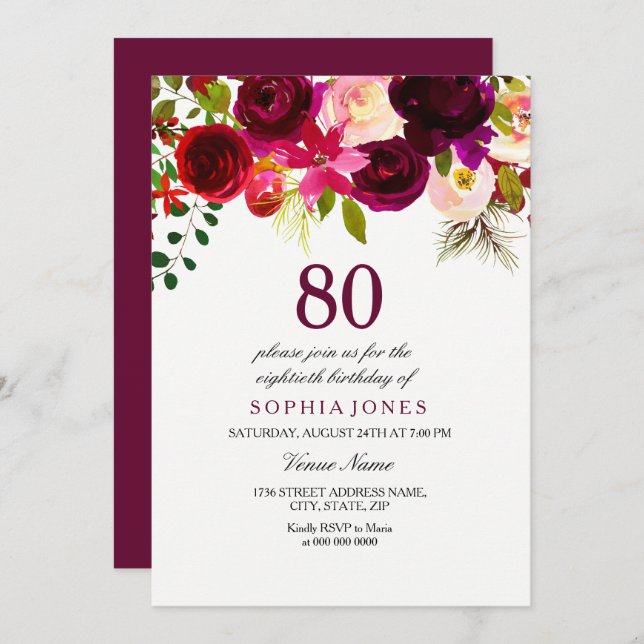 Burgundy Floral Boho 80th Birthday Party Invite (Front/Back)