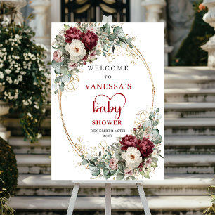 Burgundy Floral Boho Baby Shower Welcome Poster