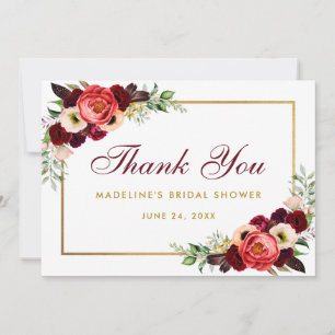 Burgundy Floral Boho Bridal Shower Thanks Card BW
