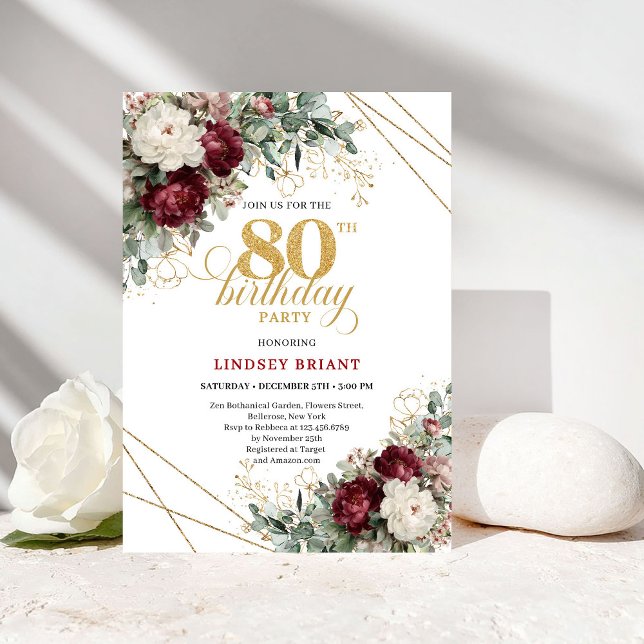 Burgundy Floral Boho Greenery 80th Birthday Invitation (Burgundy Floral Boho Greenery 80th Birthday)