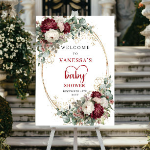 Burgundy Floral Boho Greenery Baby Shower Welcome Poster