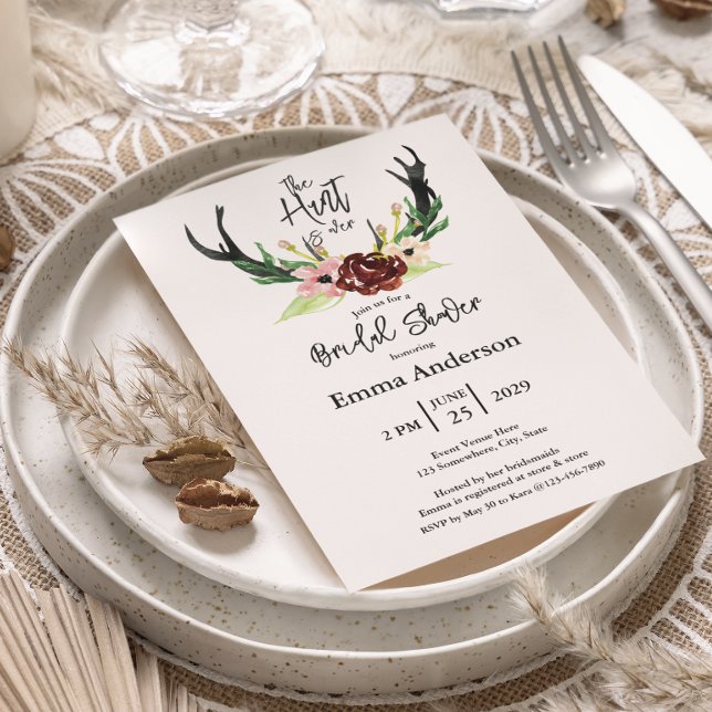 Burgundy Floral Boho Hunt is Over Bridal Shower Invitation (Creator Uploaded)