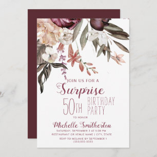 Burgundy Floral Boho Vintage 50th Birthday Invitation