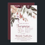 Burgundy Floral Boho Vintage 90th Birthday Invitation<br><div class="desc">Elegant vintage botanical burgundy and cream/white watercolor floral (roses) and greenery on white boho-style surprise 90th birthday party invitation.  Text,  font,  font size and colour are completely customisable,  so this card can be designed to perfectly suit your needs.</div>