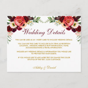 Burgundy Floral Boho Wedding Details Insert Card