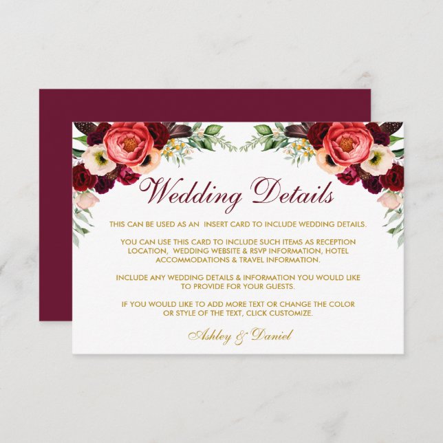 Burgundy Floral Boho Wedding Details Insert Card B (Front/Back)
