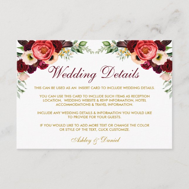 Burgundy Floral Boho Wedding Details Insert Card W (Front)
