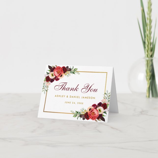 Burgundy Floral Boho Wedding Thanks Note Card (Front)