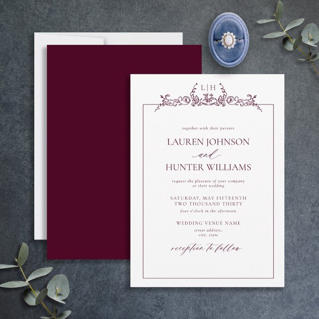 Burgundy Floral Border Monogram Wedding Invitation (Creator Uploaded)