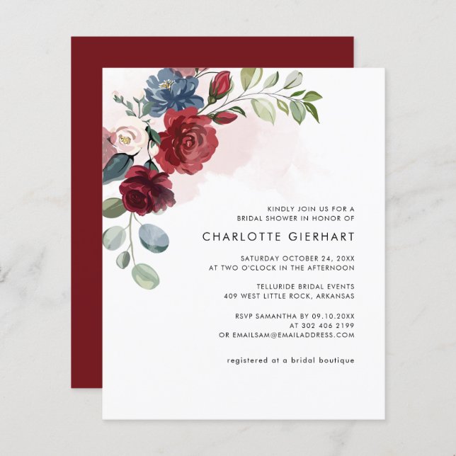 Burgundy Floral Botanical Bridal Shower Invitation (Front/Back)