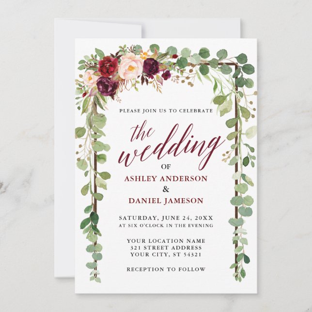 Burgundy Floral Botanical Calligraphy Wedding Invitation (Front)