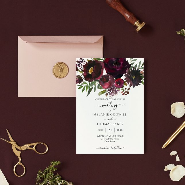 Burgundy Floral Botanical Elegant Wedding Invitati Invitation (Creator Uploaded)