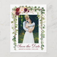 Burgundy Floral Botanical Green Save The Date