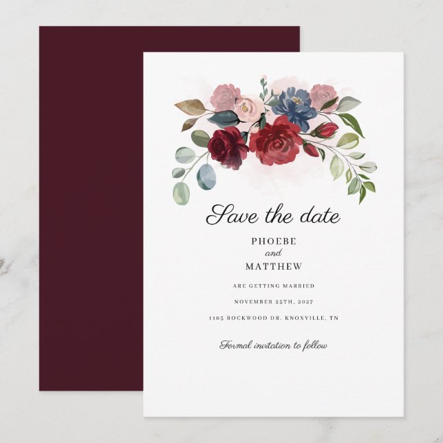 Burgundy Floral Botanical Modern Save The Date (Front/Back)
