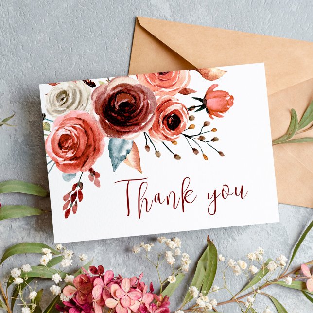 Burgundy Floral Botanical Rustic Wedding Thank You Postcard (Creator Uploaded)