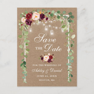 Burgundy Floral Botanical Save The Date Kraft Announcement Postcard