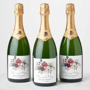Burgundy Floral Botanical Script Wedding Sparkling Wine Label