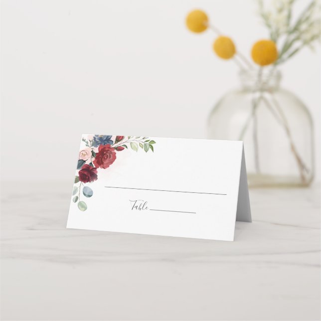 Burgundy Floral Botanical Wedding Place Card (Front)