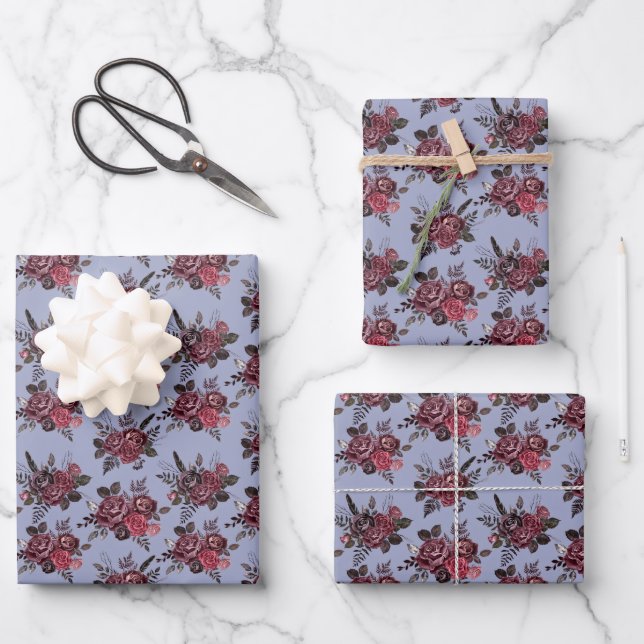 Burgundy Floral Bouquet on Grey Blue Wrapping Paper Sheet (Front)