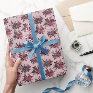 Burgundy Floral Bouquet on Grey-Pink Wrapping Paper