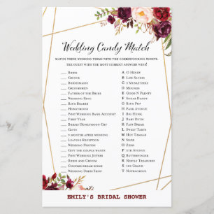 Burgundy Floral Bridal Shower Game, Wedding Shower